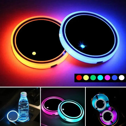 أضواء LED لحامل أكواب السيارة، 7 ألوان متغيرة، وسادة كوب مقاومة للماء قابلة لإعادة الشحن عبر USB لإضاءة جو السيارة الداخلي - أحمر