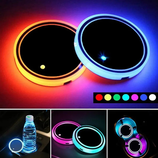LED Car Cup Holder Lights 7 Colors Changing USB Rechargeable Waterproof Cup Pad for Car Interior Atmosphere Lighting Red
