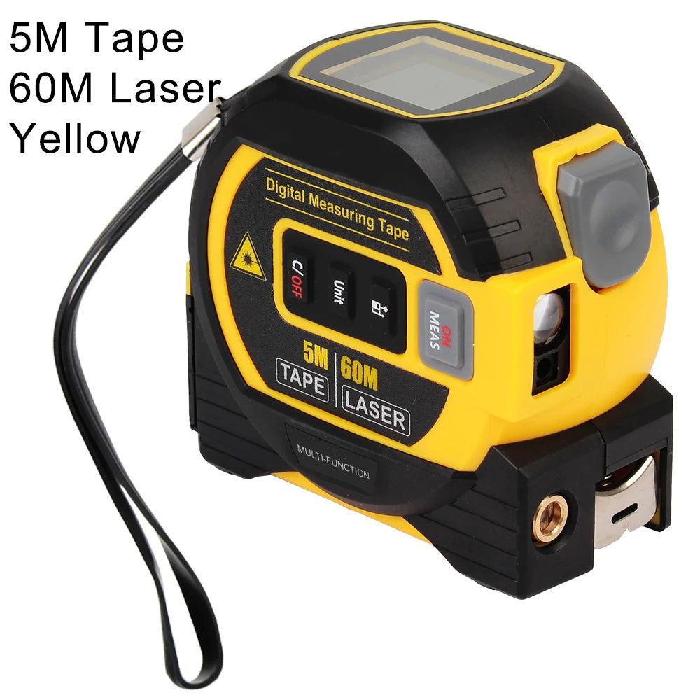 Fita métrica a laser 3 em 1, feita de materiais duráveis ​​e de alta qualidade, combina funções de medição a laser, fita métrica e régua, sendo portátil e precisa.

