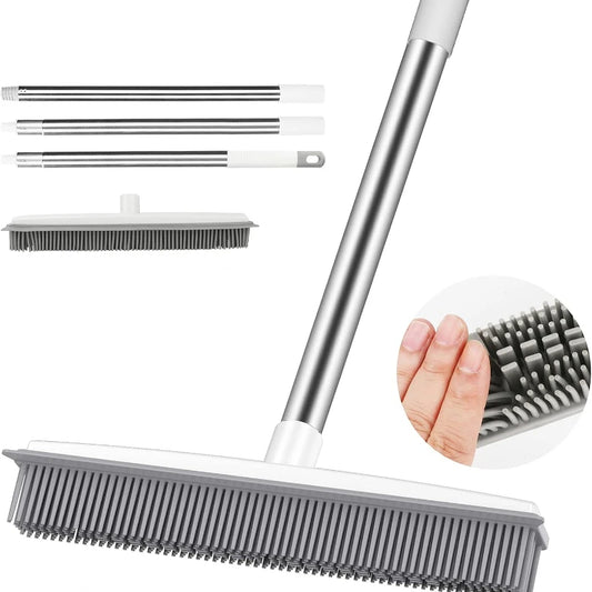 Pet Hair Removal Broom with Soft Silicone Bristles Adjustable Long Handle Fur Remover for Carpet Hardwood and Tile Floors Blue
