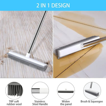 Pet Hair Removal Broom with Soft Silicone Bristles Adjustable Long Handle Fur Remover for Carpet Hardwood and Tile Floors Pink
