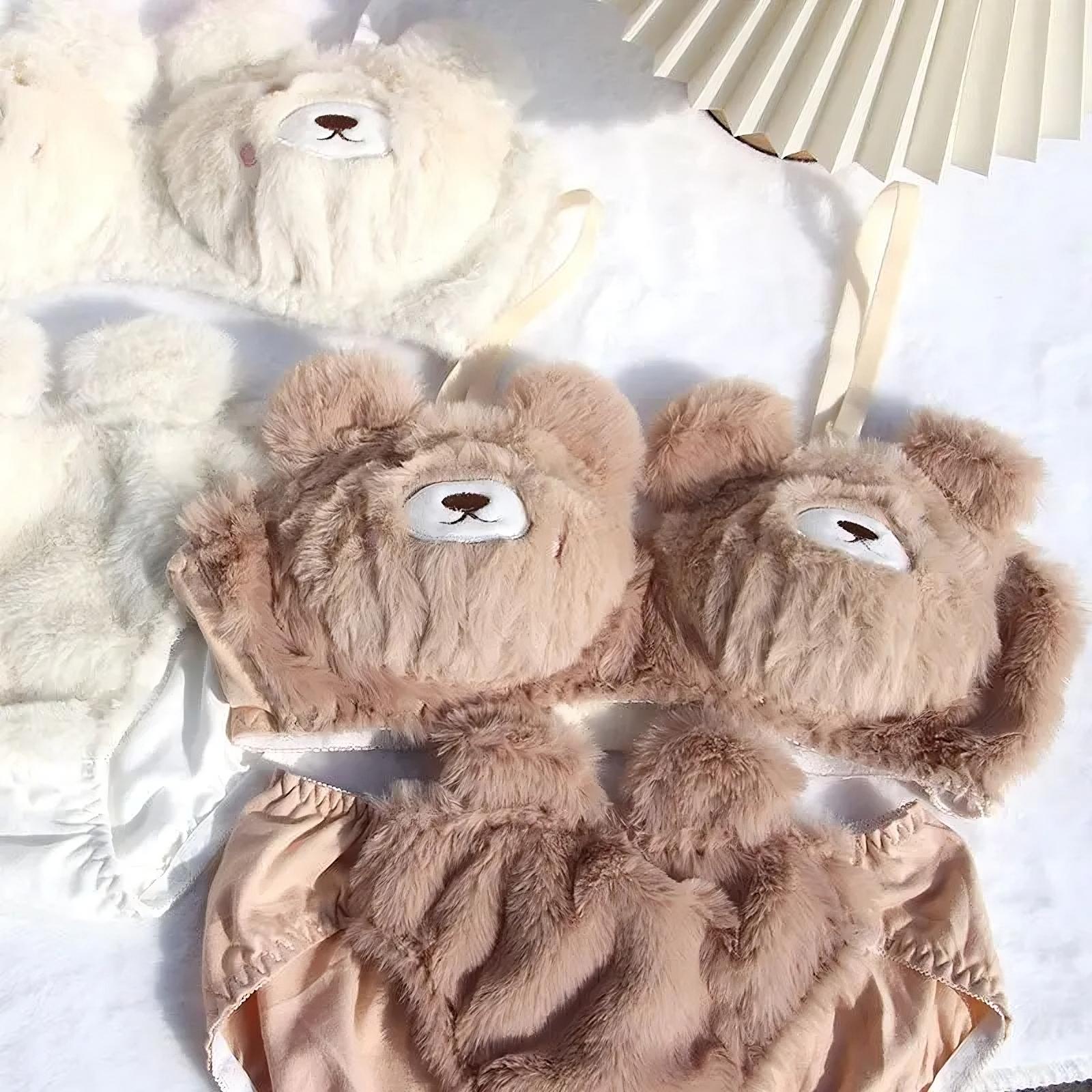 Plush Bear Cartoon Bra Lingerie Set Kawaii Japanese Style Wireless Comfort for Women
