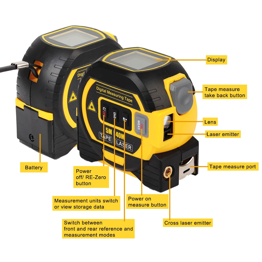 Fita métrica a laser 3 em 1, feita de materiais duráveis ​​e de alta qualidade, combina funções de medição a laser, fita métrica e régua, sendo portátil e precisa.
