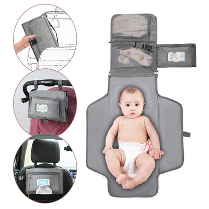 Portable Baby Changing Pad with Built in Pillow Waterproof Foldable Diaper Mat with Stroller Strap and Storage Pockets
