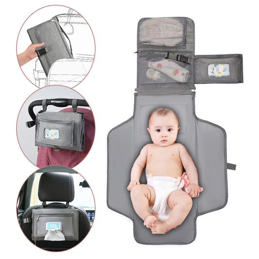 Portable Baby Changing Pad with Built in Pillow Waterproof Foldable Diaper Mat with Stroller Strap and Storage Pockets

