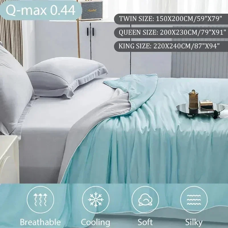 Cooling Blanket made of high-quality, breathable, and soft materials, designed to regulate body temperature, provide comfort during sleep, and suitable for hot weather or warm nights.  
