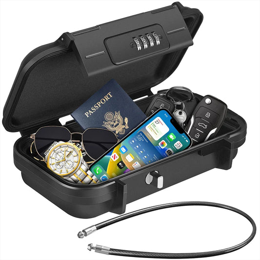 Portable Safe Lockbox with Anti Theft Combination Lock and Removable Steel Cable Waterproof Travel Security Box for Hotel Beach Gym and Car Black
