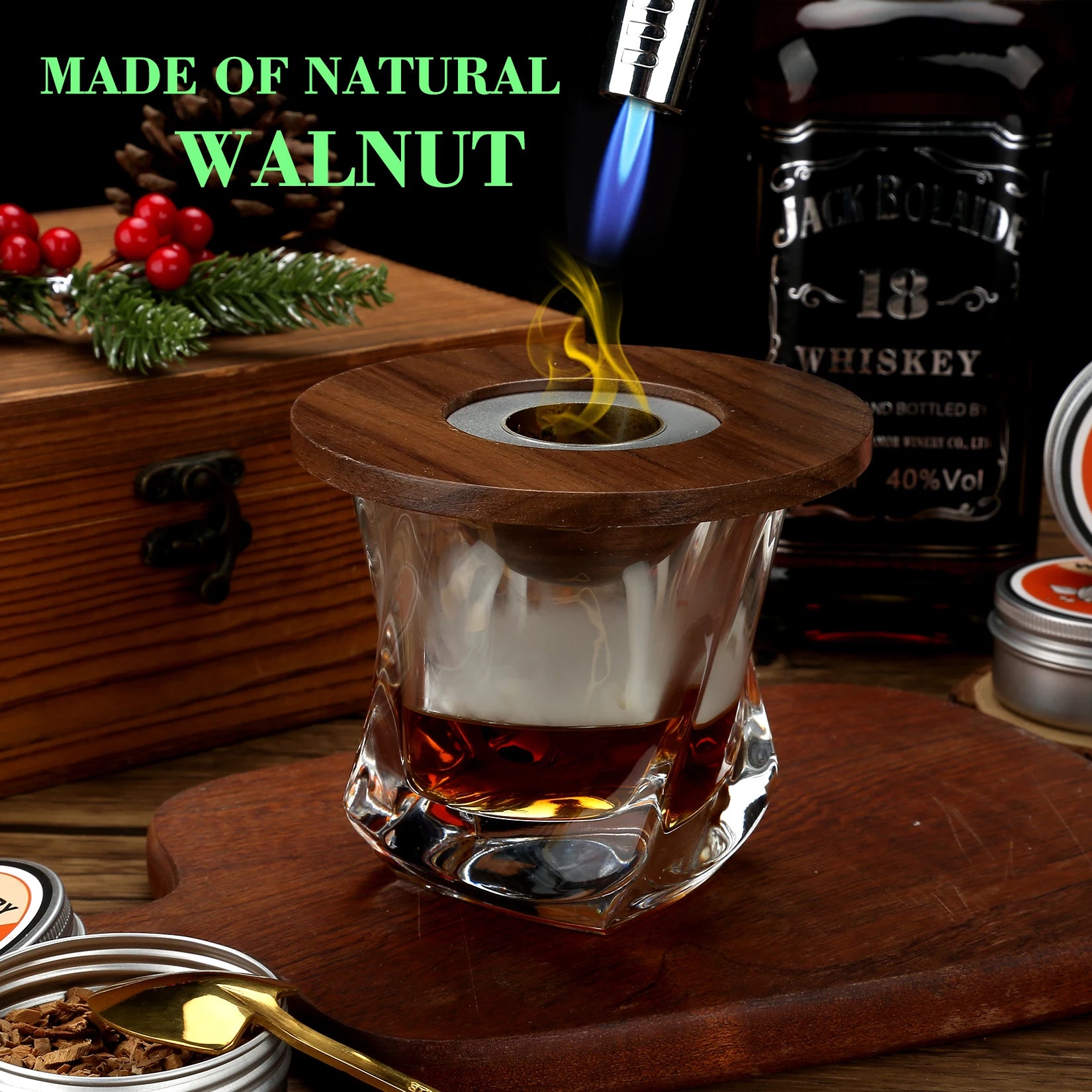 Hochwertiges Getränke-Räucherset mit 4 Holzchip-Aromen, Cocktail-Räucher-Infusor für Bourbon, Whiskey und Old Fashioned, Barqualität für die Haus-Mixologie, Rauch-Infusionsset, Gold