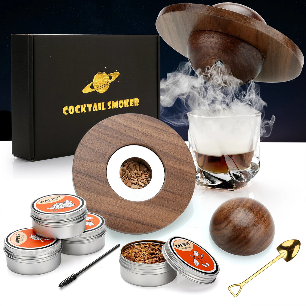 Hochwertiges Getränke-Räucherset mit 4 Holzchip-Aromen, Cocktail-Räucher-Infusor für Bourbon, Whiskey und Old Fashioned, Barqualität für die Haus-Mixologie, Rauch-Infusionsset, Silber