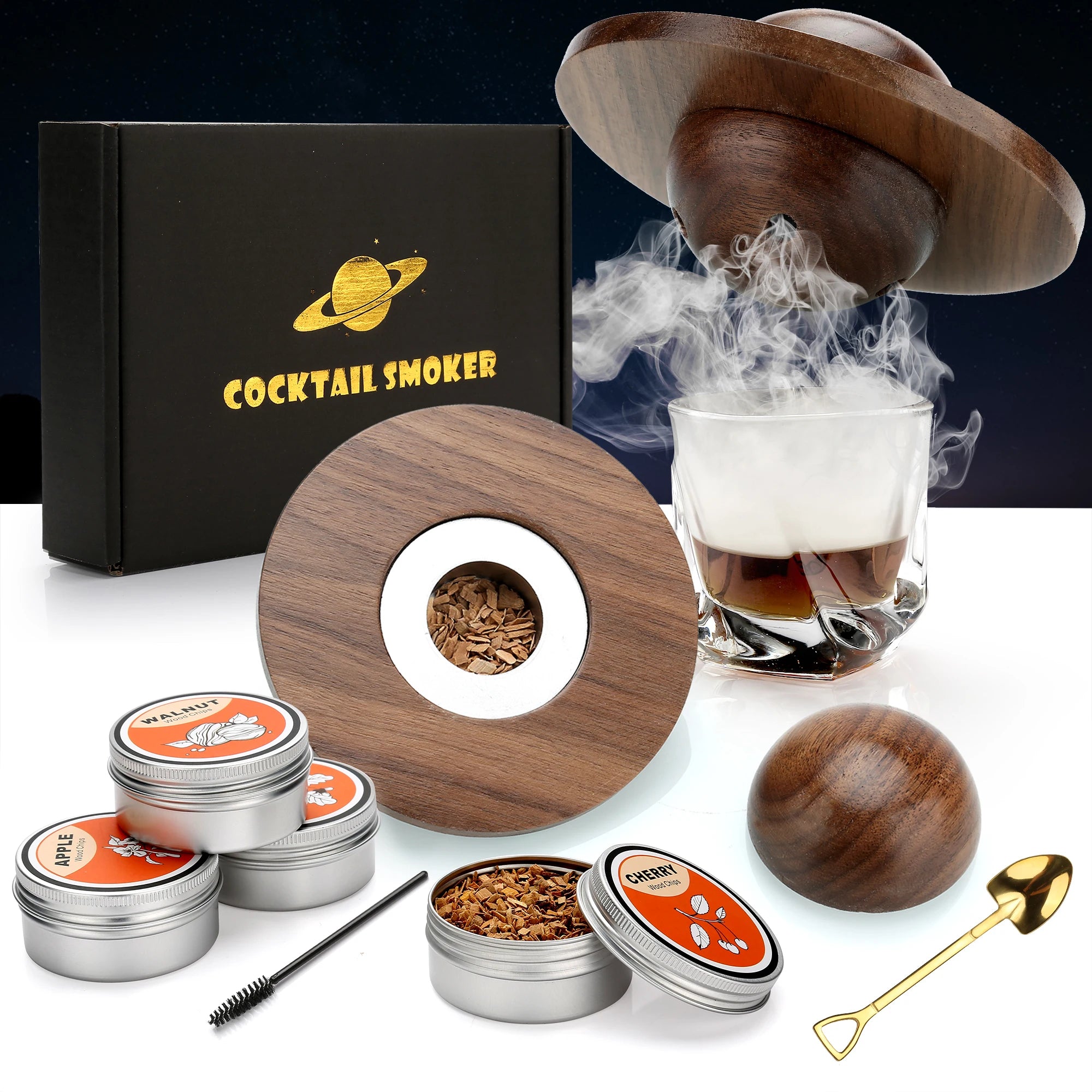 Hochwertiges Getränke-Räucherset mit 4 Holzchip-Aromen, Cocktail-Räucher-Infusor für Bourbon, Whiskey und Old Fashioned, Barqualität für die Haus-Mixologie, Rauch-Infusionsset, Silber