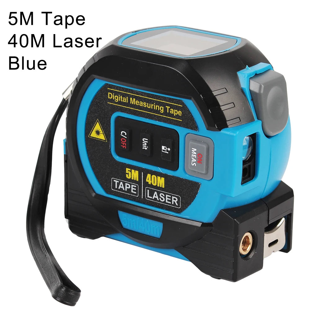 Fita métrica a laser 3 em 1, feita de materiais duráveis ​​e de alta qualidade, combina funções de medição a laser, fita métrica e régua, sendo portátil e precisa.
