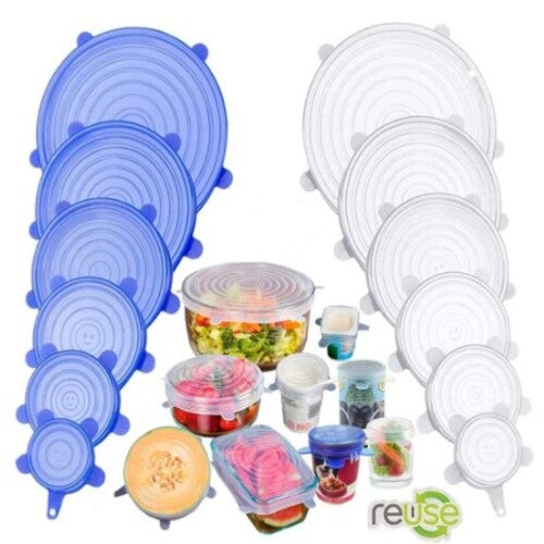Set of blue and white silicone stretch lids for containers with visible 'reuse' branding.