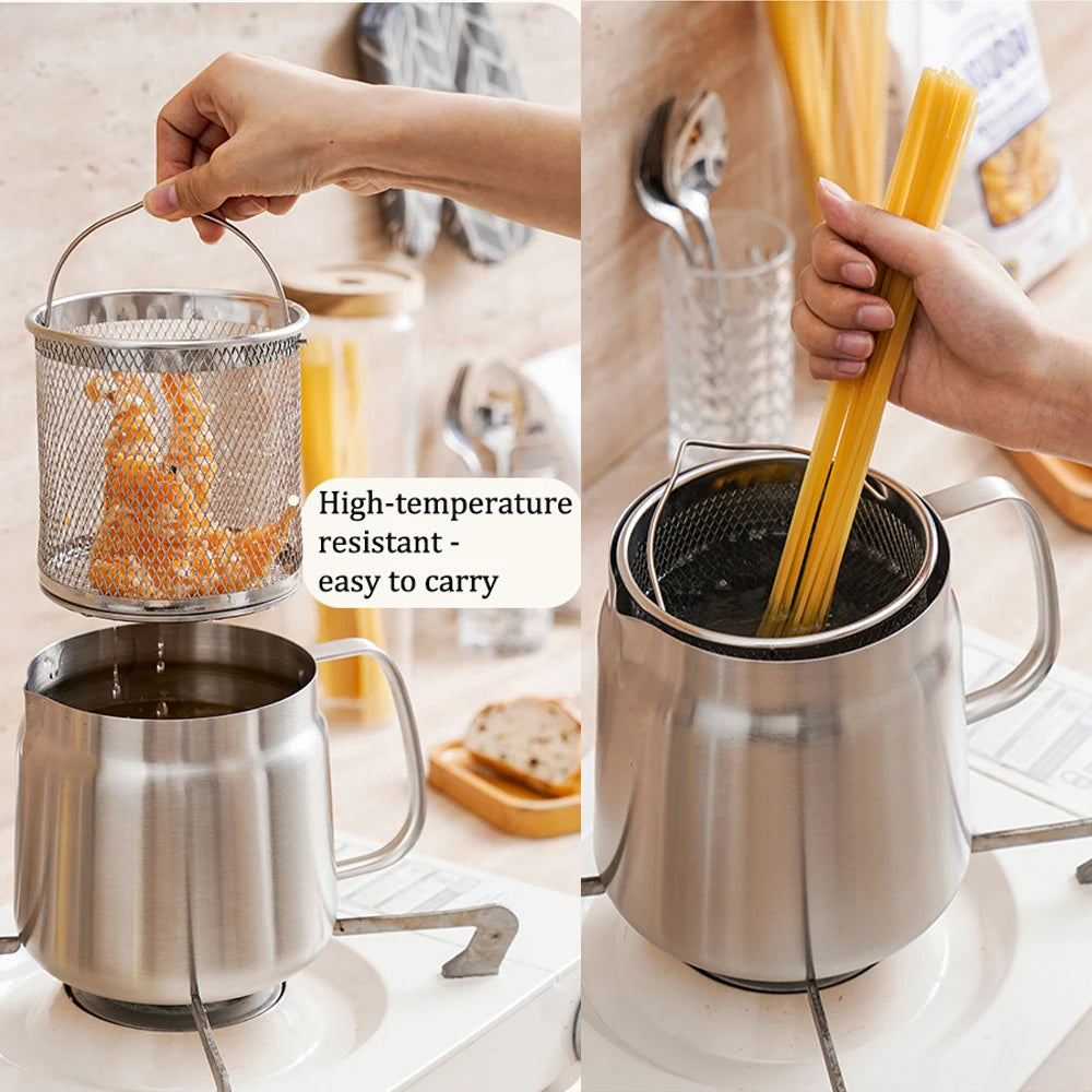 Edelstahl-Fritteuse mit Öl-Siebkorb und 2-Liter-Vorratsbehälter, multifunktionale Bratpfanne für die heimische Küche und Camping, Schwarz
