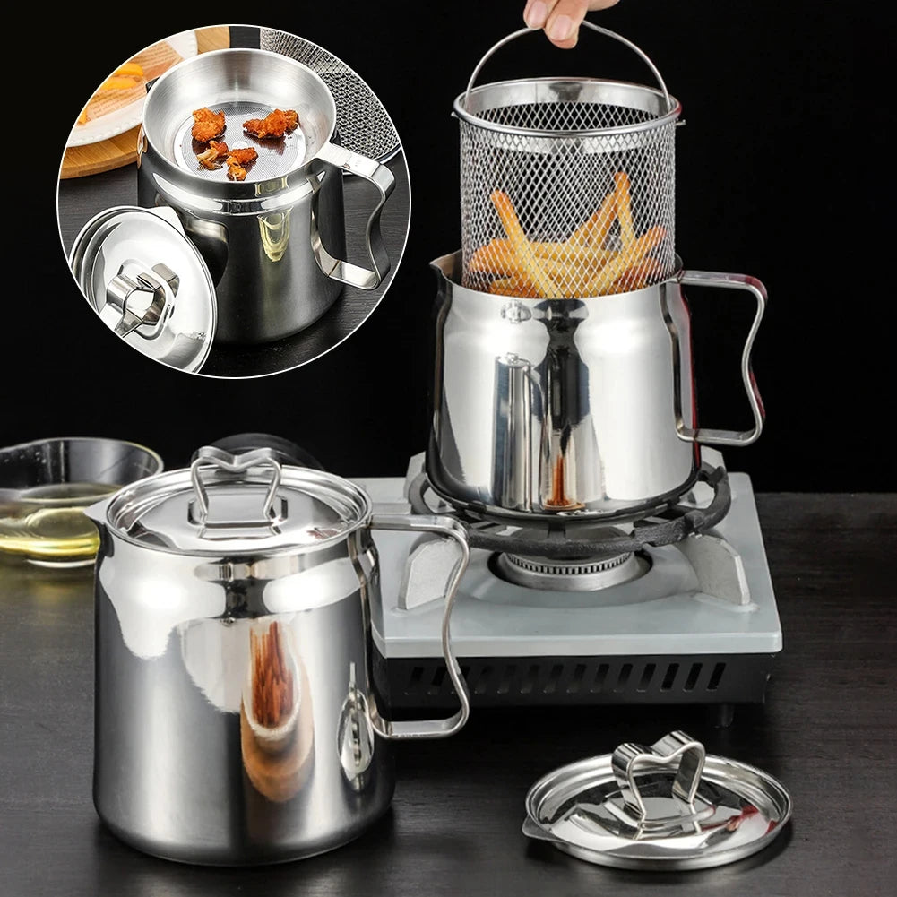 Edelstahl-Fritteuse mit Öl-Siebkorb und 2-Liter-Vorratsbehälter, multifunktionale Bratpfanne für die heimische Küche und Camping, Silber