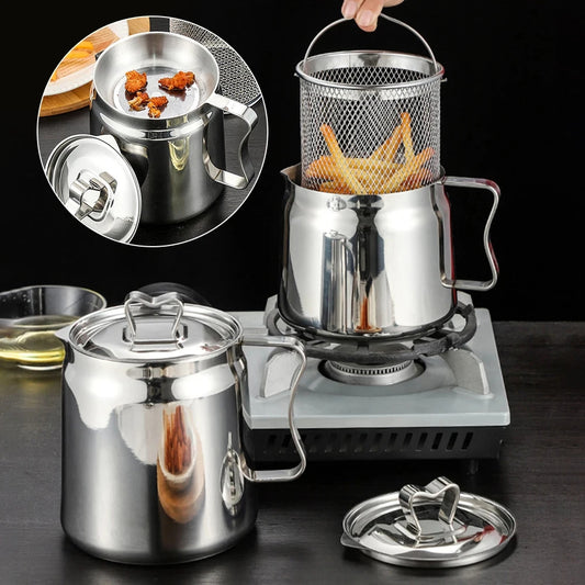 Stainless Steel Deep Fryer Pot with Oil Strainer Basket and 2L Storage Container Multi functional Frying Pan for Home Kitchen and Camping Silver
