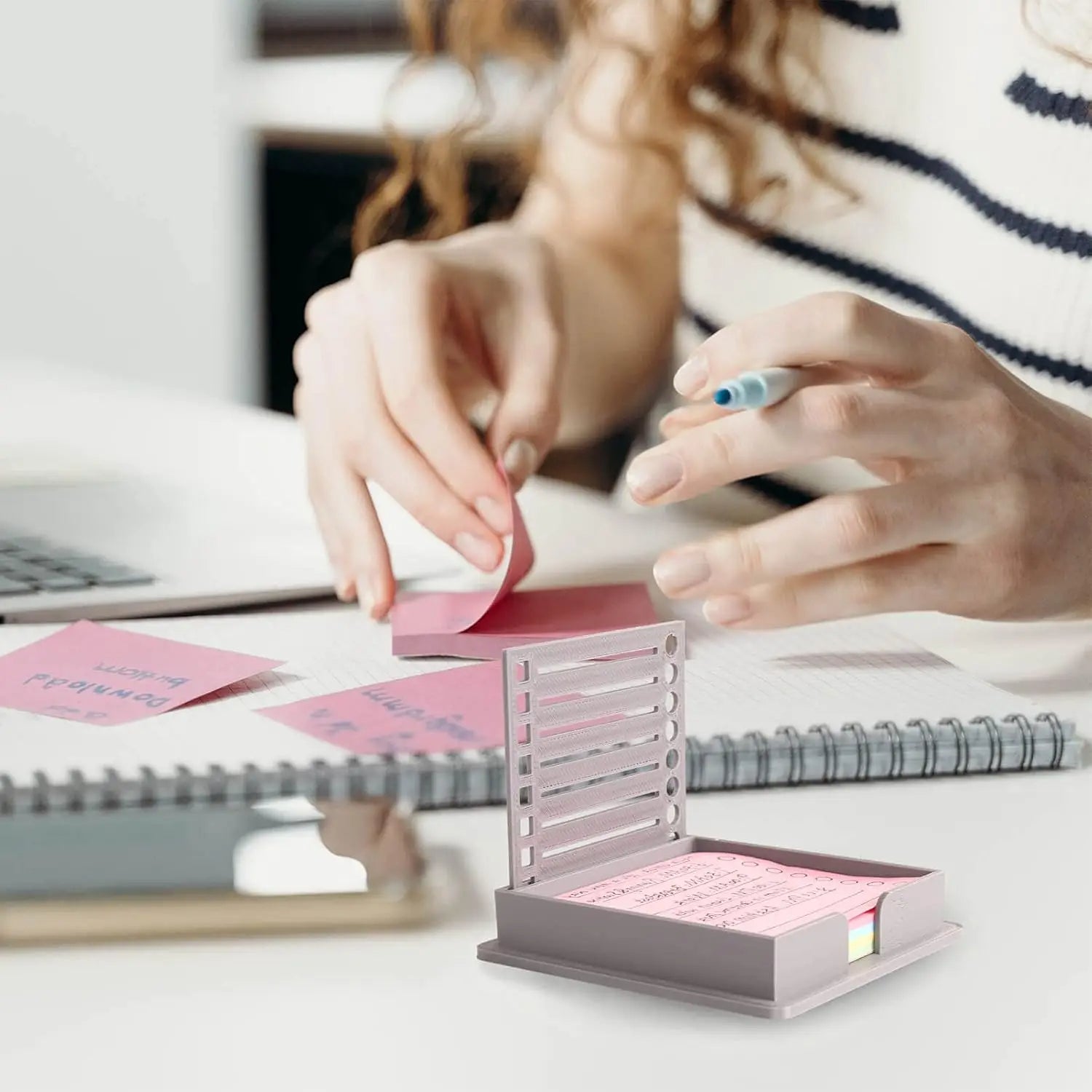 Sticky Note Holder with Template 3x3 Post It Note Organizer with Built in Stencil for Checkboxes Lines Circle Boxes White
