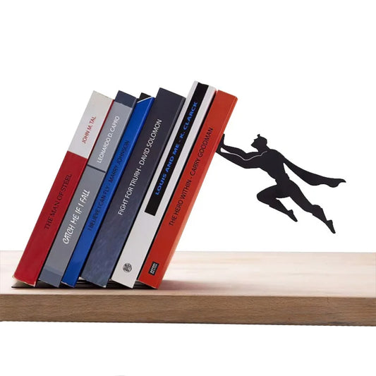 Superhero Bookend for Bookshelves Metal Flying Hero Book Holder Decorative Book Stopper for Home Office Library Black
