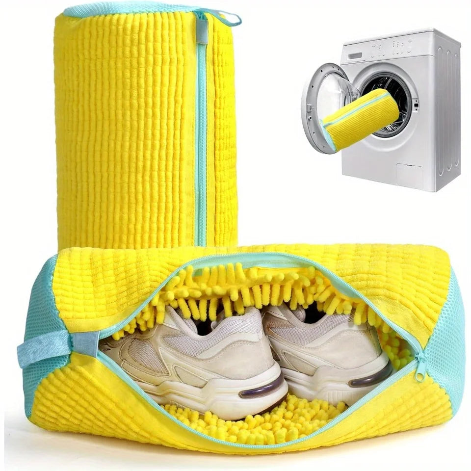 Yellow shoe storage bag with a smaller inset showing a shoe being placed into a washing machine.
