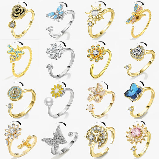 Anxiety Relief Fidget Spinner Ring Copper Crystal Adjustable Anti Stress Jewelry
