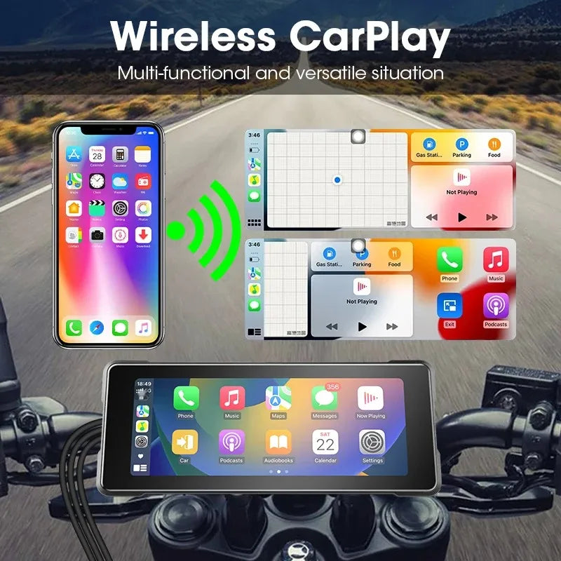 Motorcycle GPS Display 7 Inch Wireless CarPlay Android Auto IP67 Waterproof
