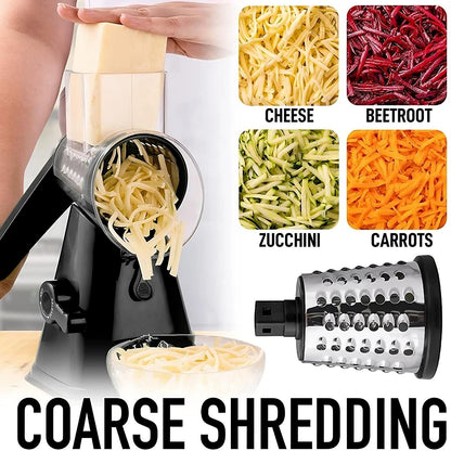 Grattugia per Formaggio Rotante 3 in 1 con Affettaverdure e Accessorio per la Preparazione dei Cibi