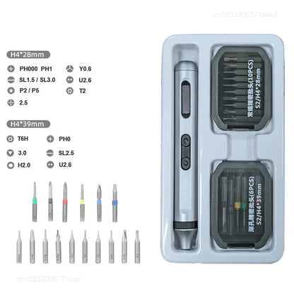 alt: Precision Professional Electric Screwdriver Set High Torque Magnetic Motor 48 S2 Steel Bits and LED Light
