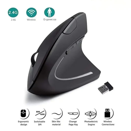 Vertical Ergonomic Wireless Mouse 6 Buttons 3 Adjustable DPI Comfortable Upright Design Wrist Pain Relief
